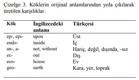 Toprak Solucanlarını Sınıflandırma Terimleri Üzerine Bir Değerlendirme Çizelge 3. Köklerin orijinal anlamlarından yola çıkılarak üretilen karşılıklar